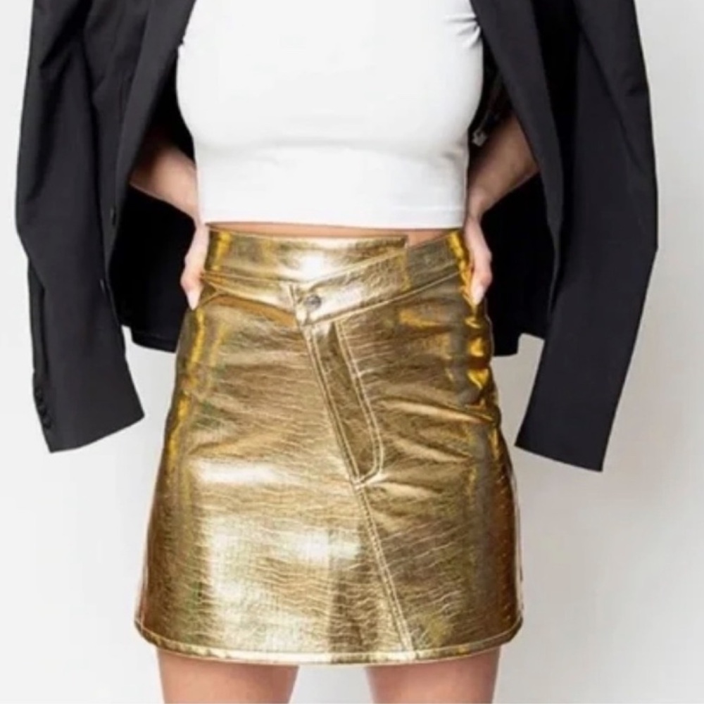 RONNY KOBO TORN DONNIE EMBOSSED CROC GOLD FOILED FAUX LEATHER MINI SKIRT